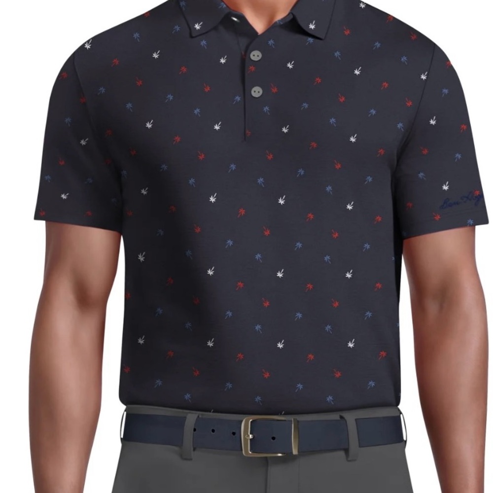 NWT Ben Hogan Blue Golf Polo Shirt with Red and White palm tree Pattern UPF 50
